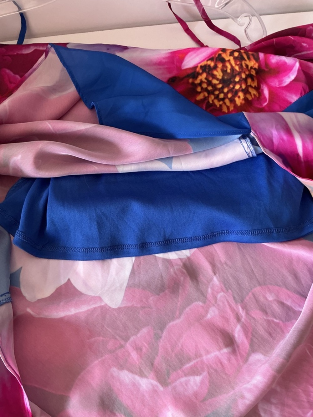 Blue Pink Floral Midi Dress Off Shoulder Satin Slip IN San Francisco M - Picture 6 of 6